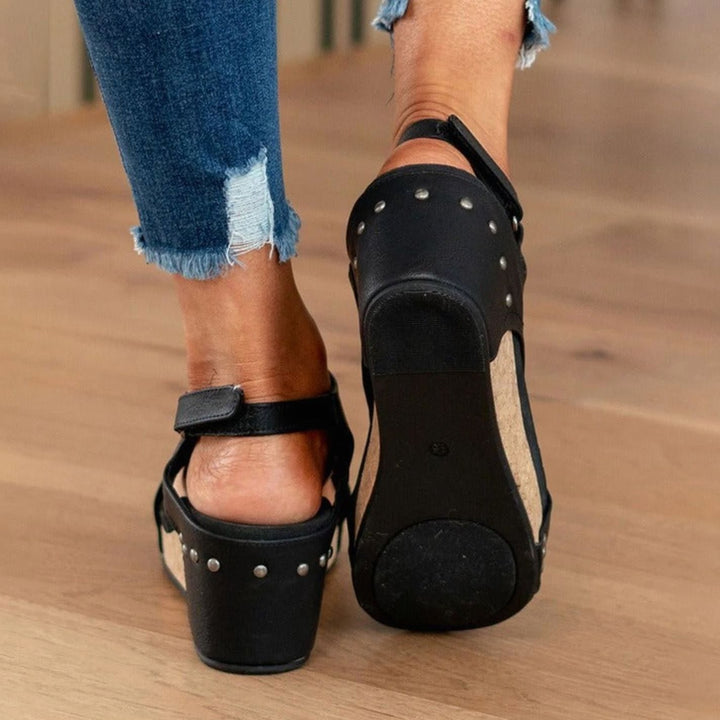 Women's Leather Cork Wedge Peep-Toe Summer Sandals