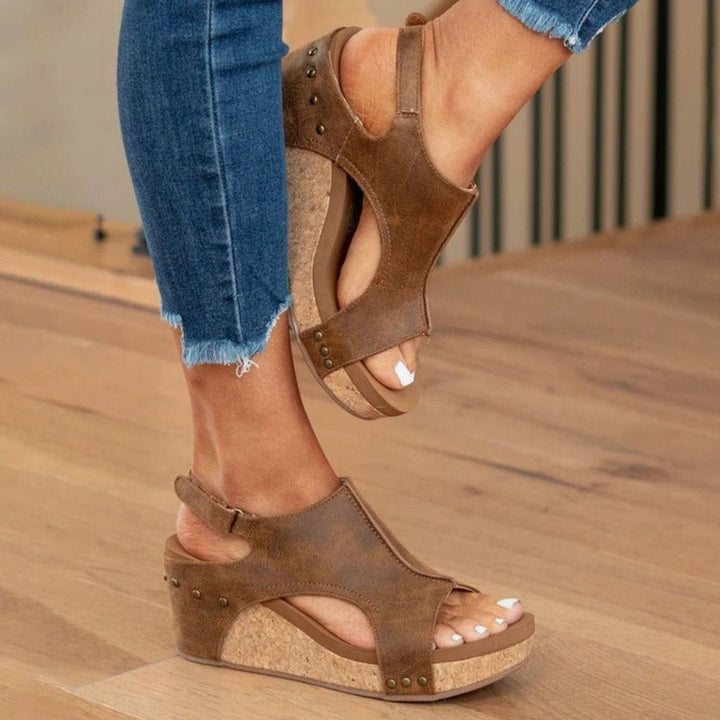 Women's Leather Cork Wedge Peep-Toe Summer Sandals