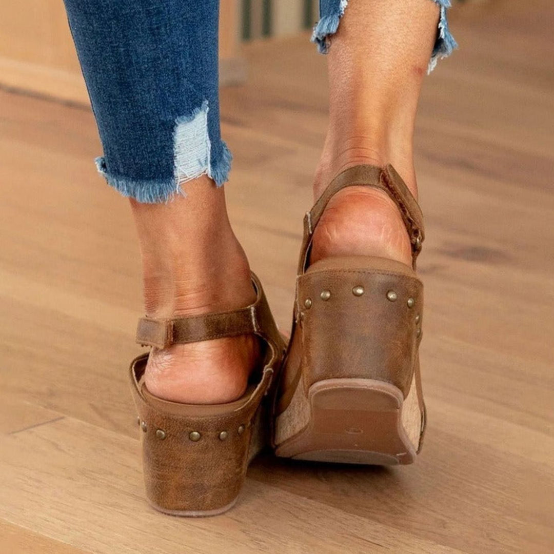 Women's Leather Cork Wedge Peep-Toe Summer Sandals