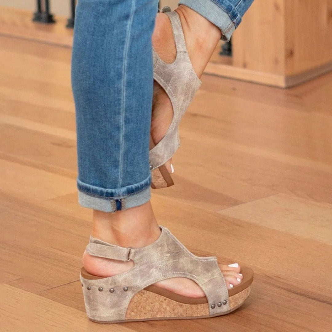 Women's Leather Cork Wedge Peep-Toe Summer Sandals