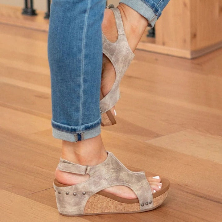 Women's Leather Cork Wedge Peep-Toe Summer Sandals