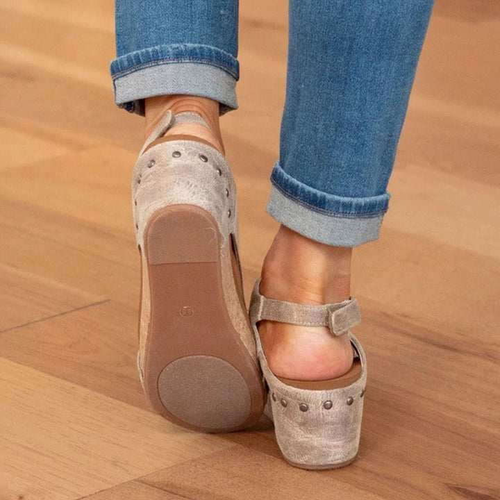 Women's Leather Cork Wedge Peep-Toe Summer Sandals