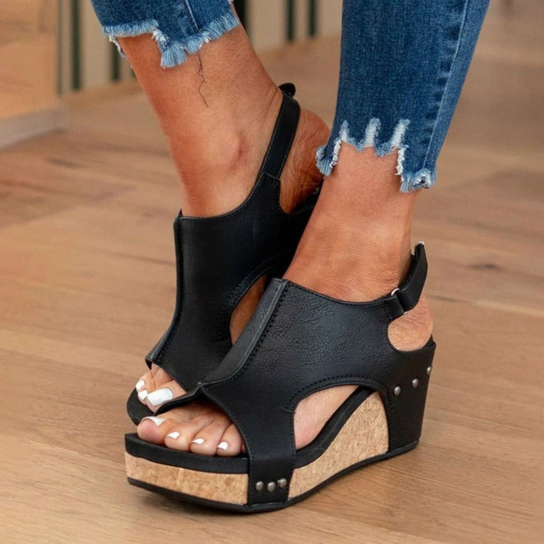 Women's Leather Cork Wedge Peep-Toe Summer Sandals - Black