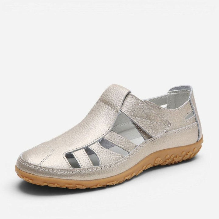 Women's Leather Cut-Out Velcro Slip-On Flat Sandals