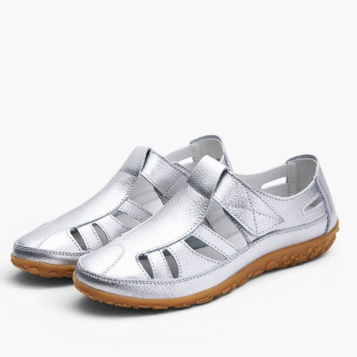 Women's Leather Cut-Out Velcro Slip-On Flat Sandals