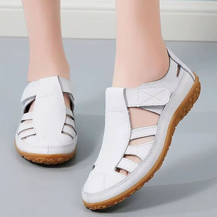 Women's Leather Cut-Out Velcro Slip-On Flat Sandals