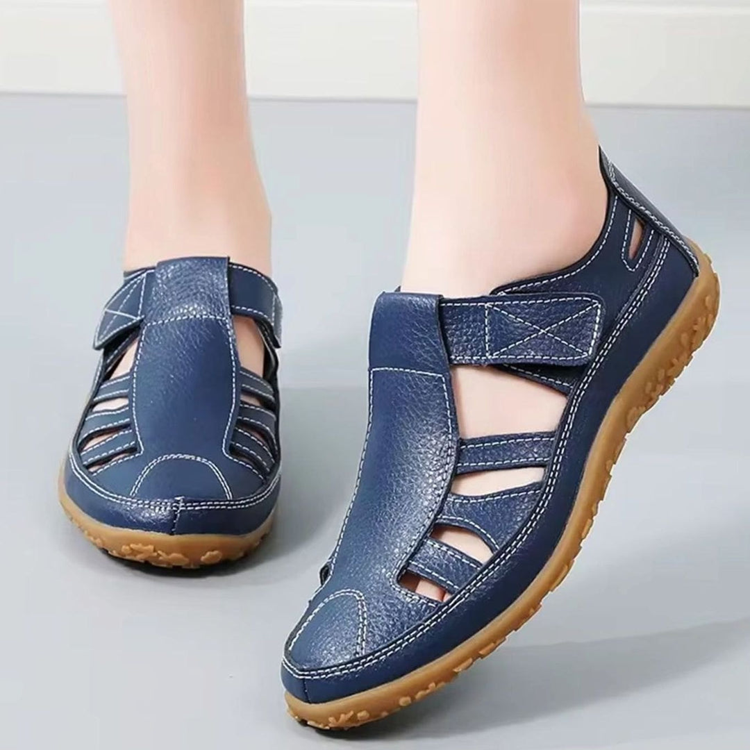 Women's Leather Cut-Out Velcro Slip-On Flat Sandals