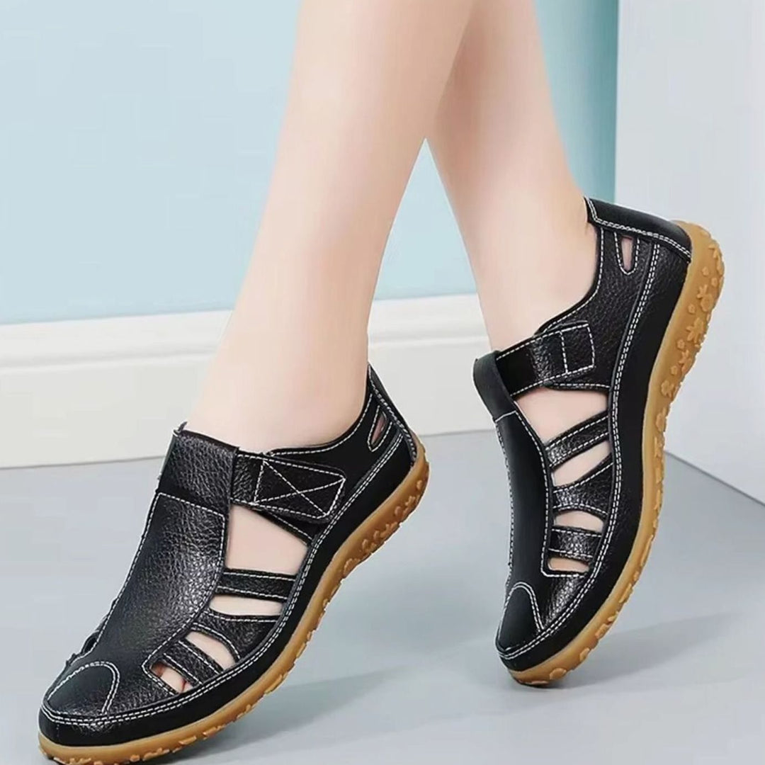 Women's Leather Cut-Out Velcro Slip-On Flat Sandals