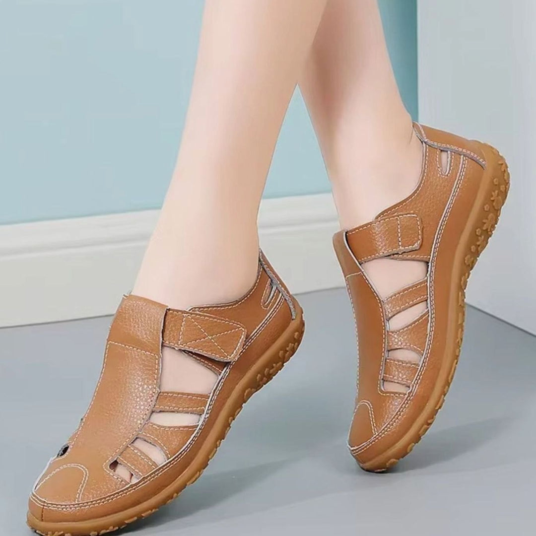 Women's Leather Cut-Out Velcro Slip-On Flat Sandals