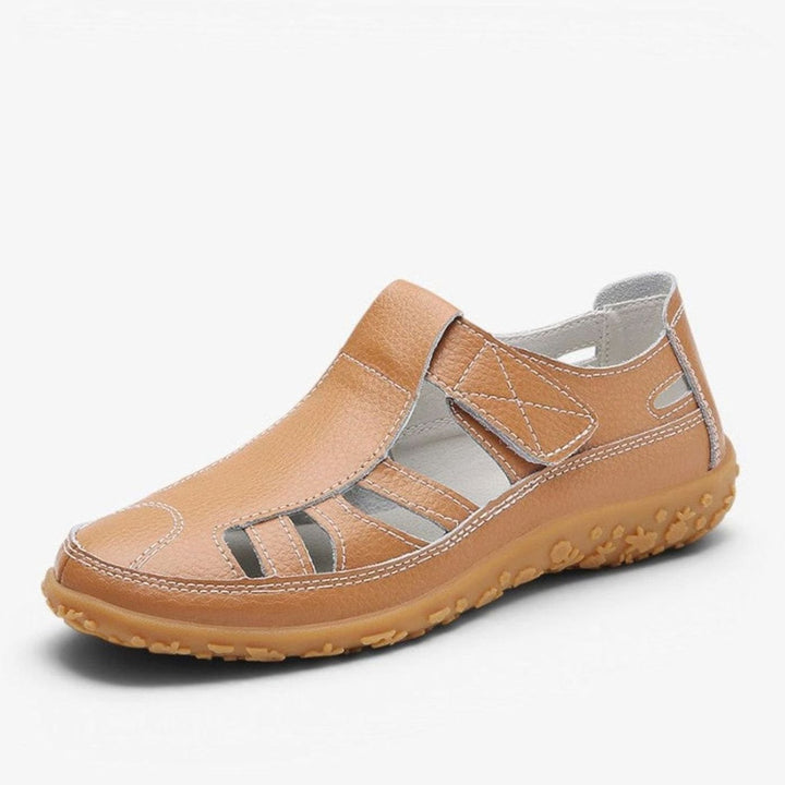 Women's Leather Cut-Out Velcro Slip-On Flat Sandals