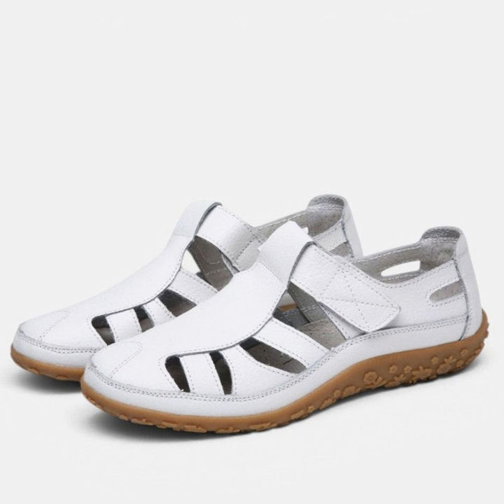 Women's Leather Cut-Out Velcro Slip-On Flat Sandals