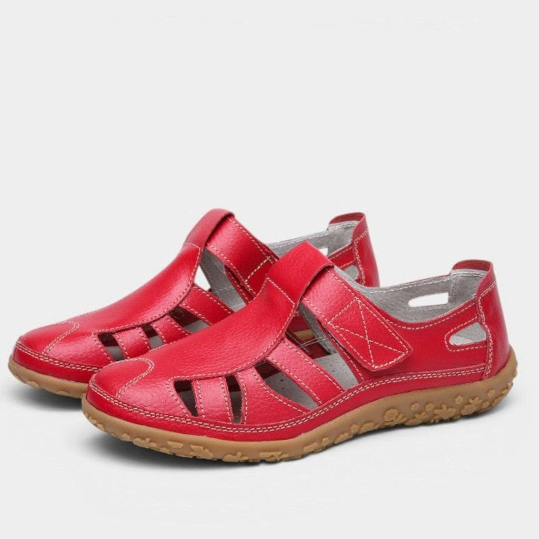 Women's Leather Cut-Out Velcro Slip-On Flat Sandals