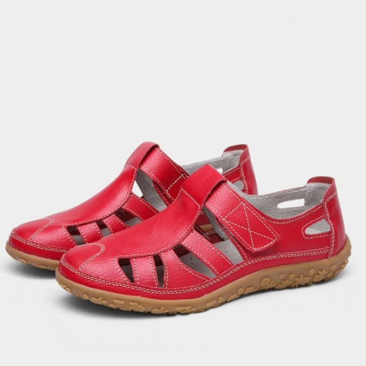 Women's Leather Cut-Out Velcro Slip-On Flat Sandals