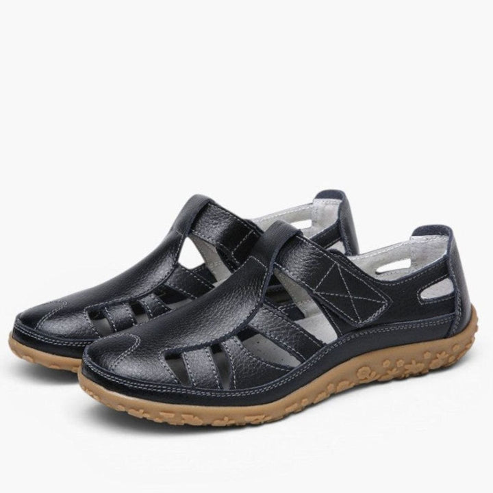 Women's Leather Cut-Out Velcro Slip-On Flat Sandals