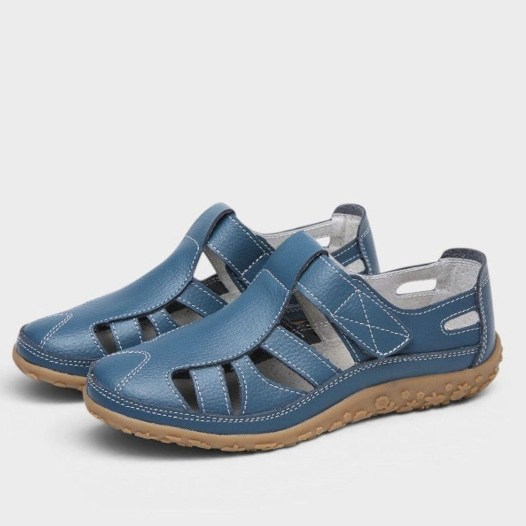 Women's Leather Cut-Out Velcro Slip-On Flat Sandals