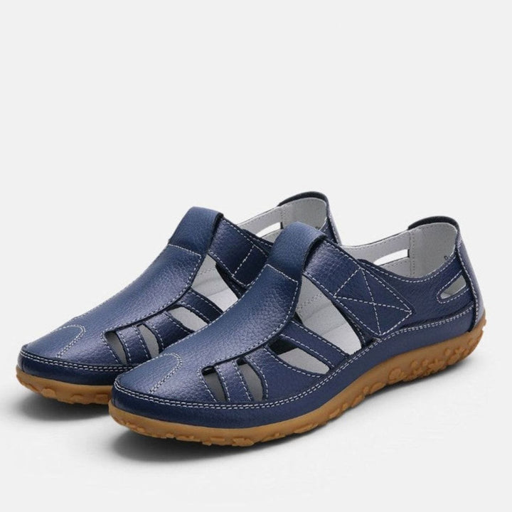 Women's Leather Cut-Out Velcro Slip-On Flat Sandals