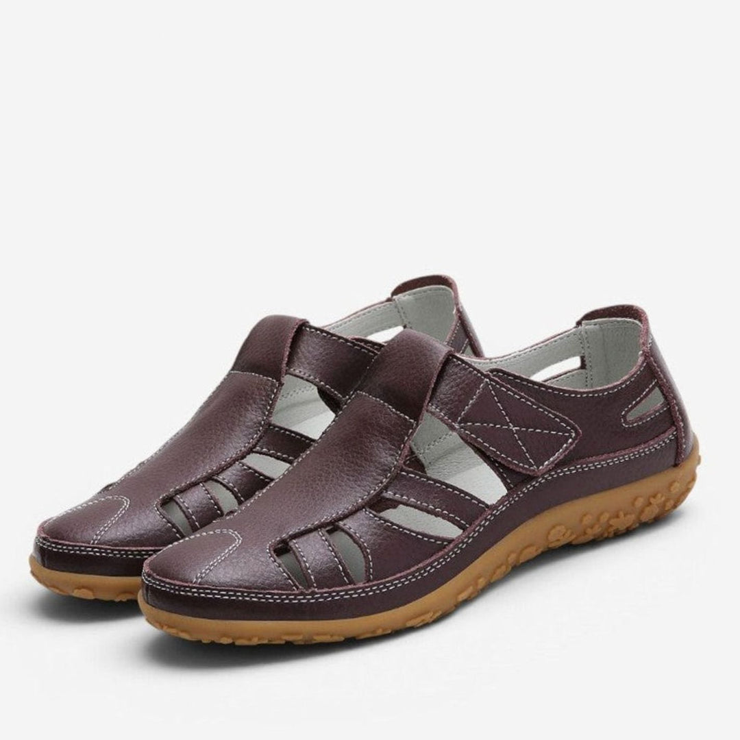 Women's Leather Cut-Out Velcro Slip-On Flat Sandals