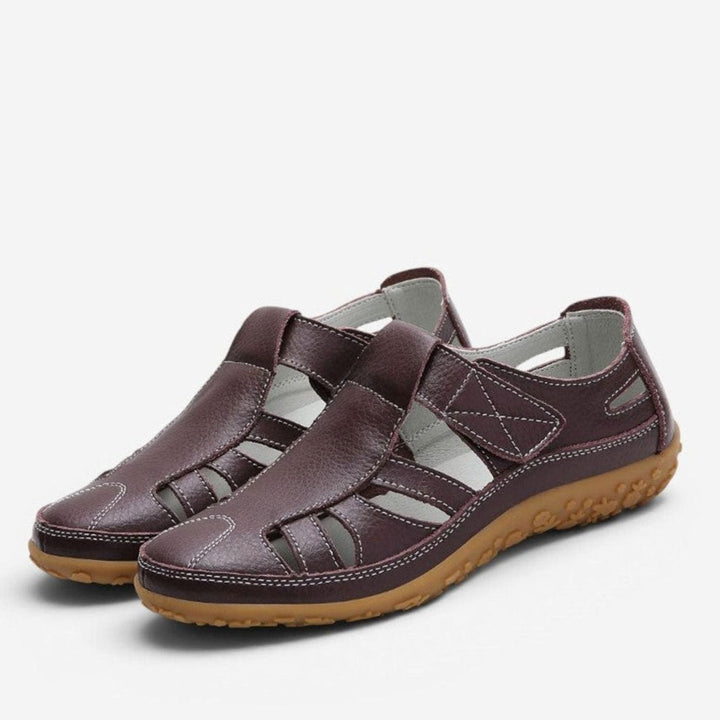 Women's Leather Cut-Out Velcro Slip-On Flat Sandals