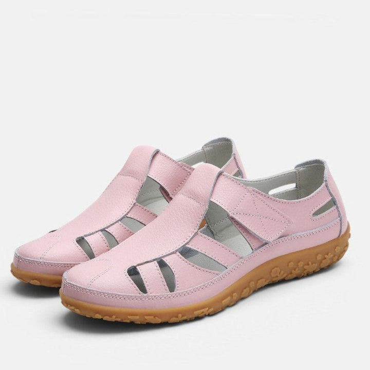 Women's Leather Cut-Out Velcro Slip-On Flat Sandals