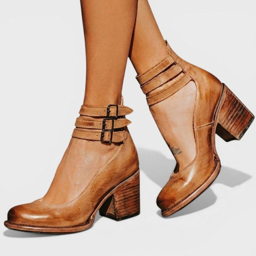 Women's Leather Double Buckle Strap Block-Heel Ankle Boots