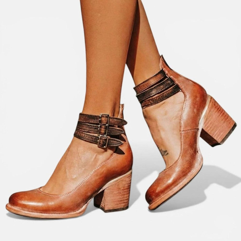 Women's Leather Double Buckle Strap Block-Heel Ankle Boots