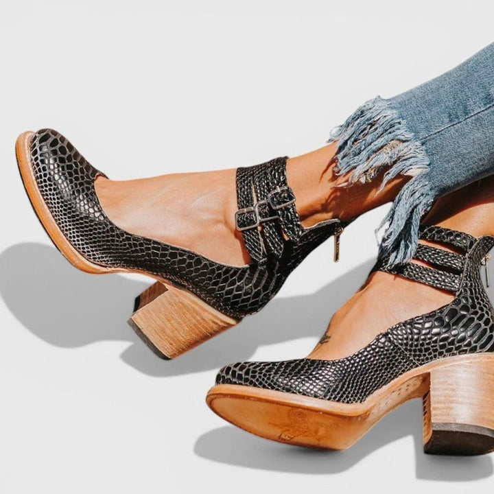 Women's Leather Double Buckle Strap Block-Heel Ankle Boots