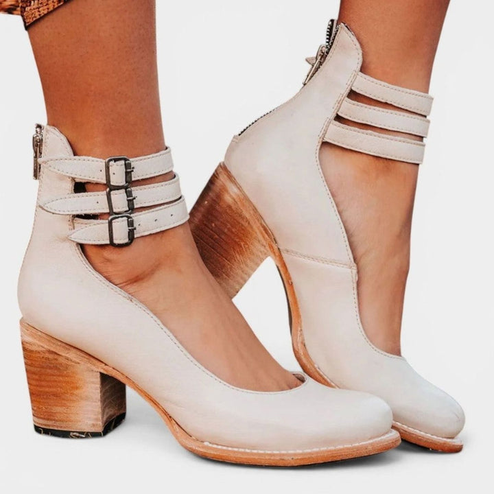Women's Leather Double Buckle Strap Block-Heel Ankle Boots