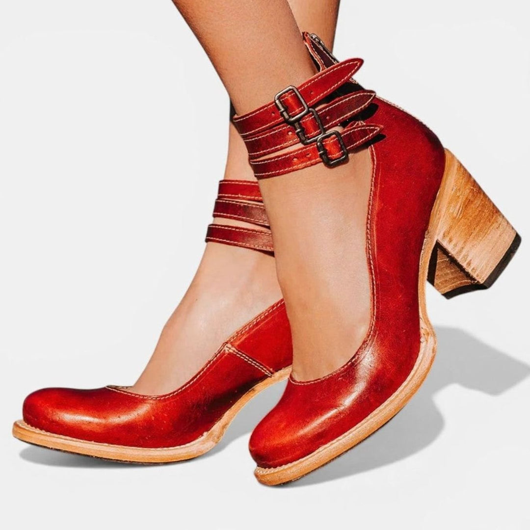 Women's Leather Double Buckle Strap Block-Heel Ankle Boots