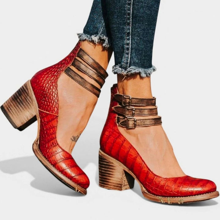Women's Leather Double Buckle Strap Block-Heel Ankle Boots