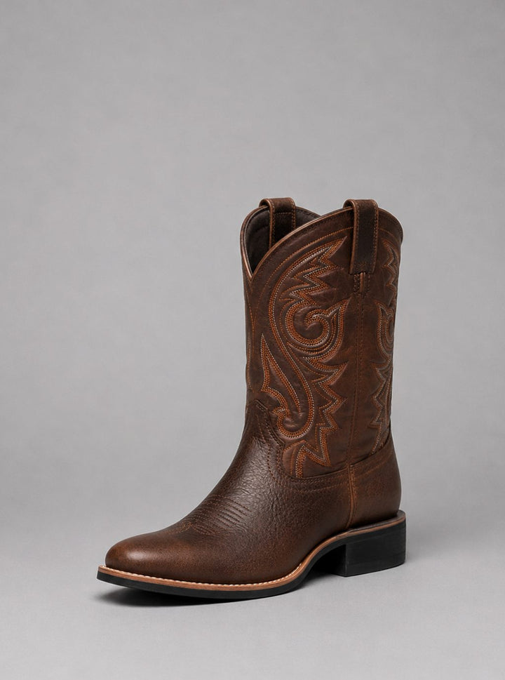 Women's Leather Embroidered Western Cowboy Boots Block Heel - Brown