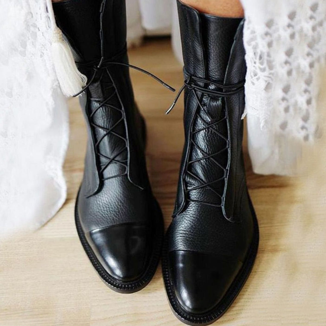 Women's Leather Lace-Up Mid-Calf Cap-Toe Ankle Boots - Black