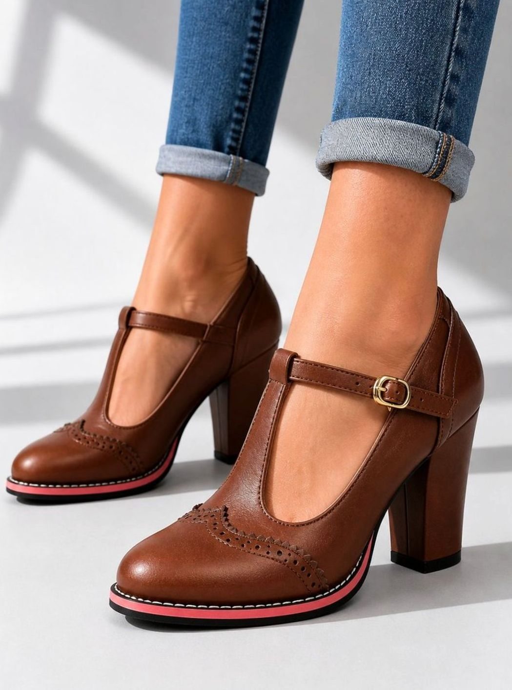Women's Leather-Look Brogue T-Bar Block-Heel Court Shoes
