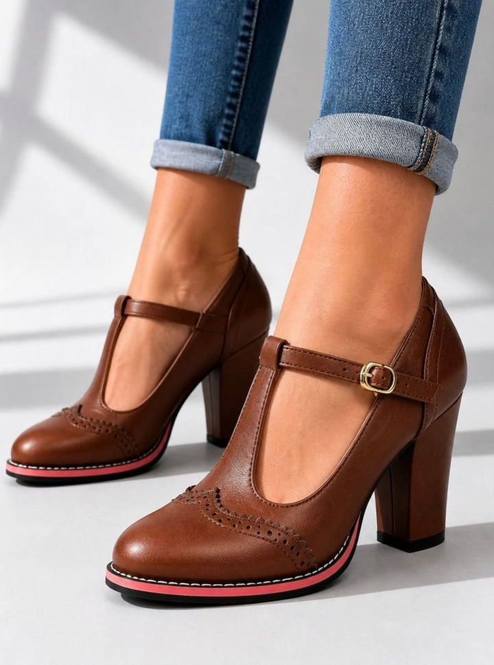 Women's Leather-Look Brogue T-Bar Block-Heel Court Shoes
