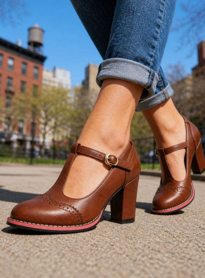 Women's Leather-Look Brogue T-Bar Block-Heel Court Shoes