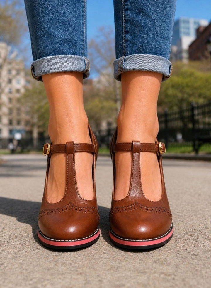 Women's Leather-Look Brogue T-Bar Block-Heel Court Shoes