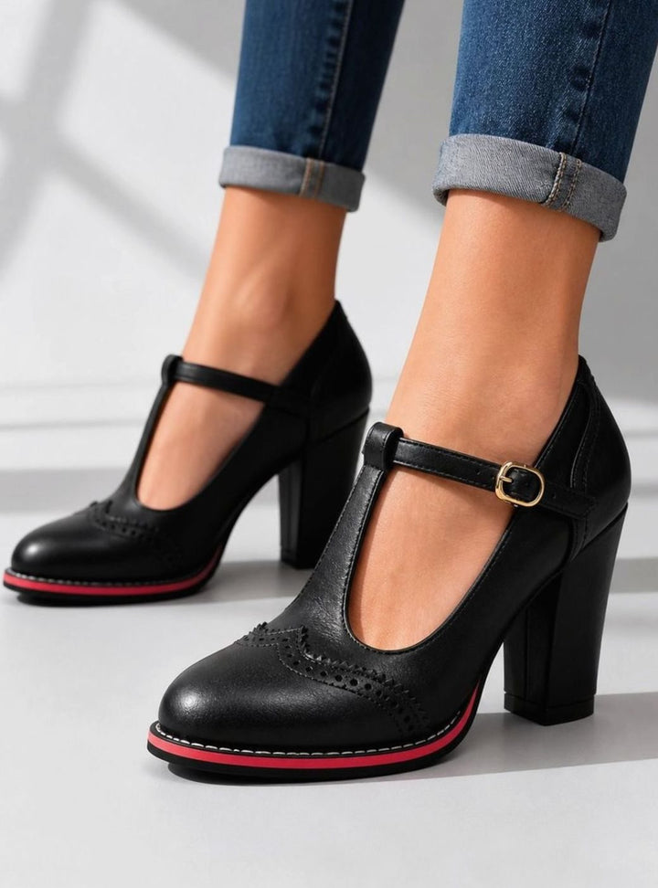 Women's Leather-Look Brogue T-Bar Block-Heel Court Shoes