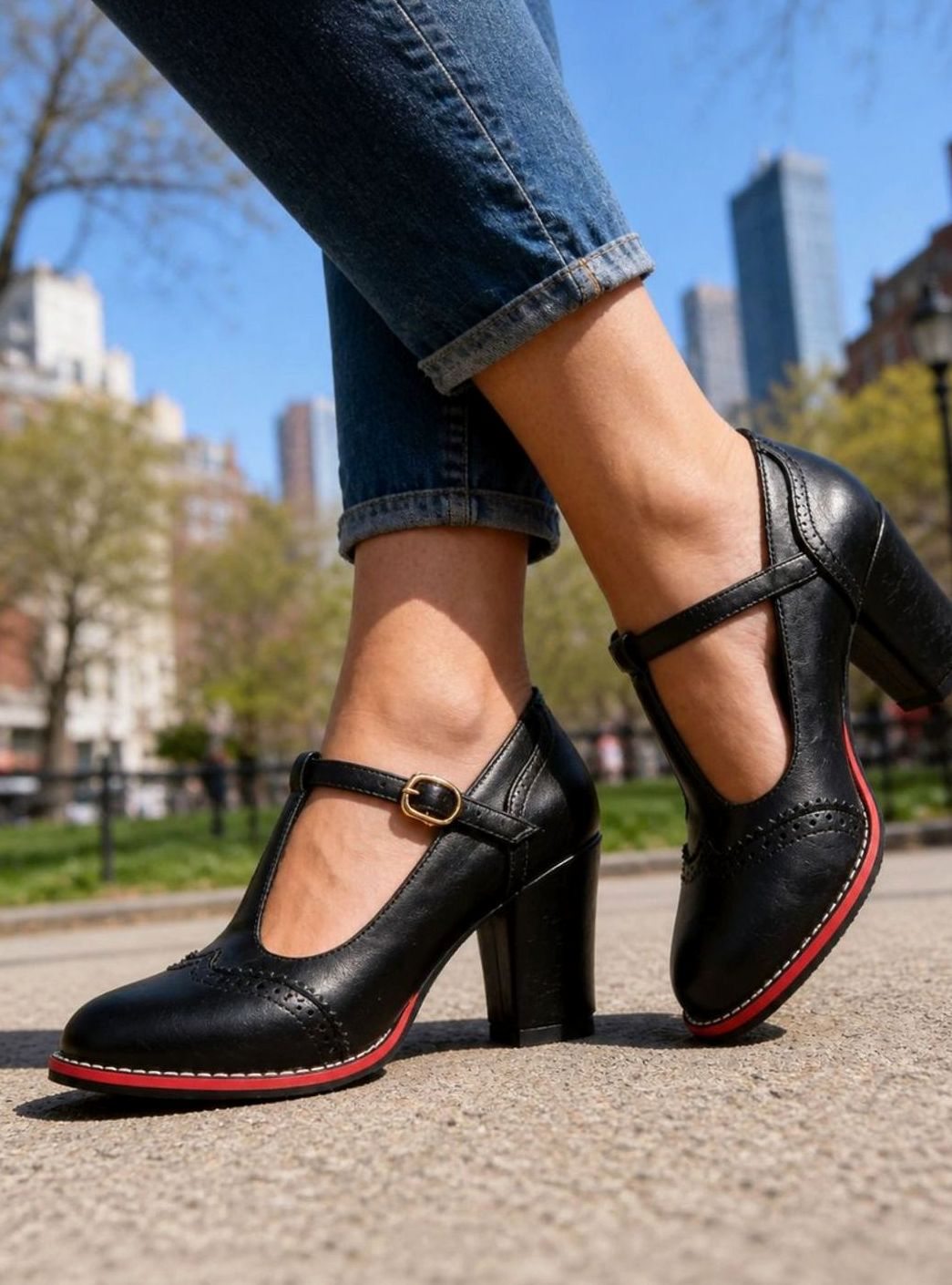 Women's Leather-Look Brogue T-Bar Block-Heel Court Shoes