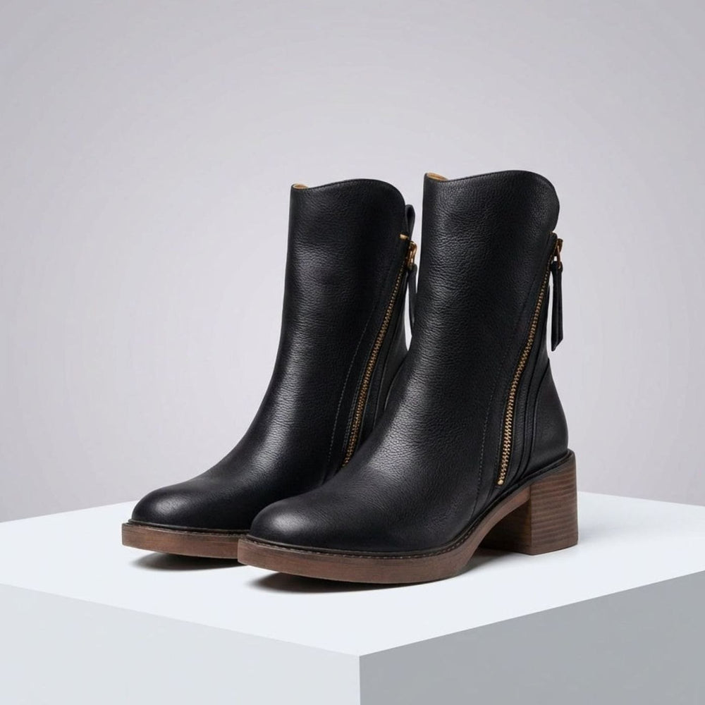 Women's Leather Side-Zip Ankle Boots Cushioned Footbed - Black