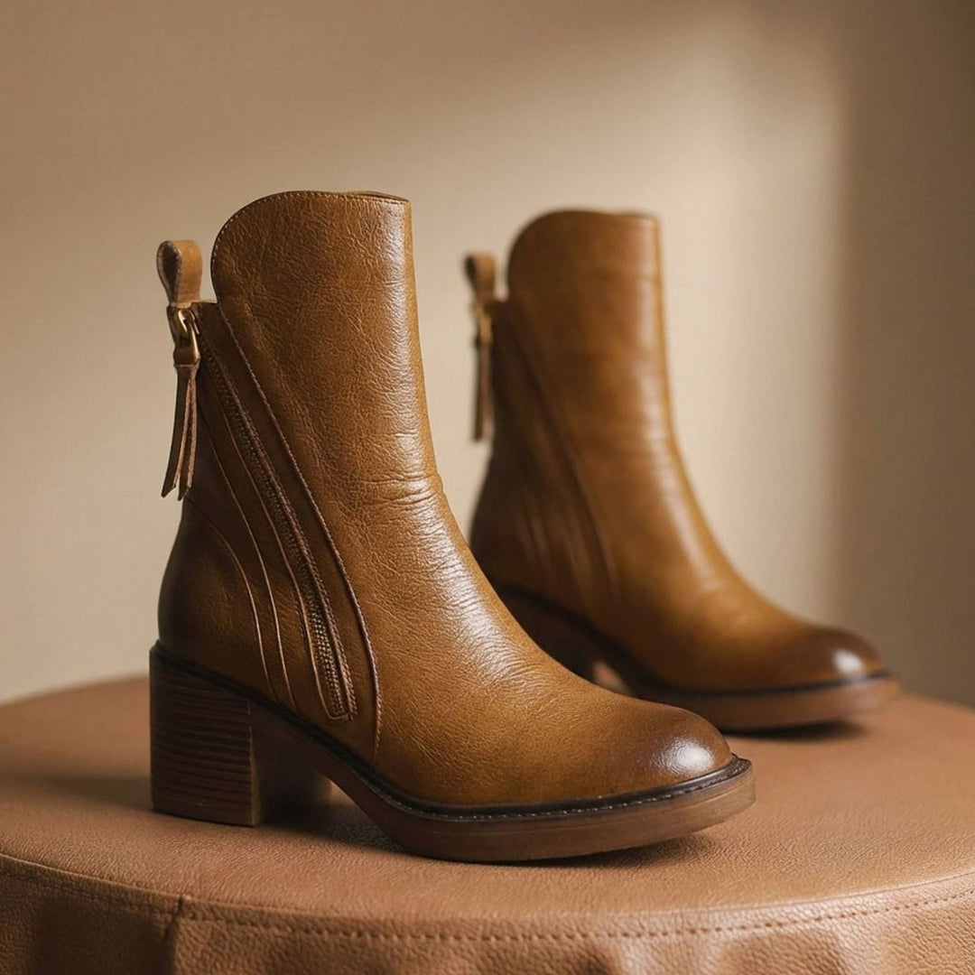 Women's Leather Side-Zip Ankle Boots Cushioned Footbed - Brown