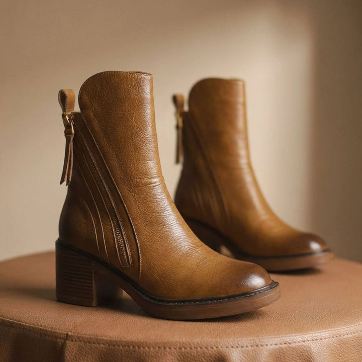 Women's Leather Side-Zip Ankle Boots Cushioned Footbed - Brown