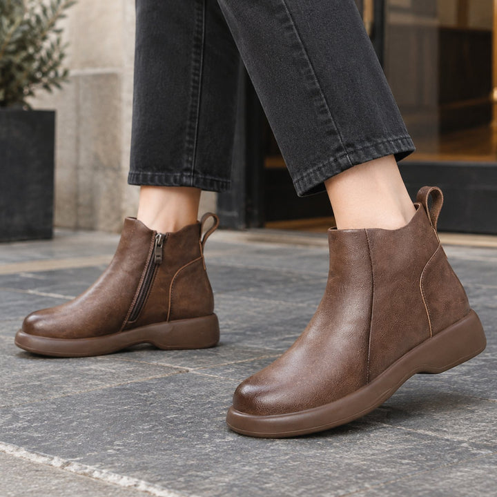 Women's Leather Side-Zip Ankle Boots Rounded Toe - Dark Brown