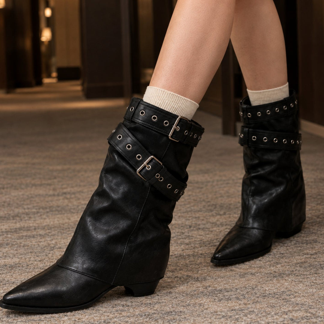 Women's Leather Slouch Harness Boots Pointed-Toe Block-Heel