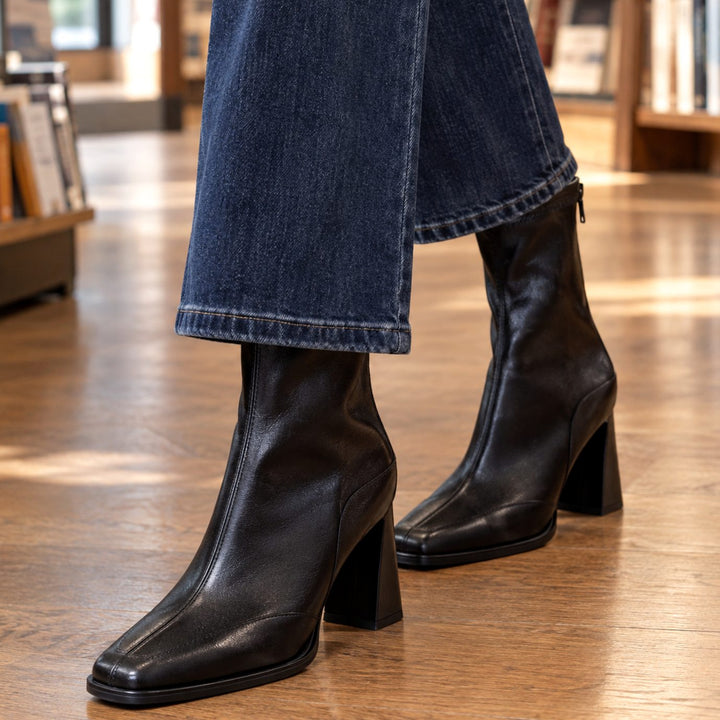 Women's Leather Square-Toe Block-Heel Ankle Boots - Black Single Lining