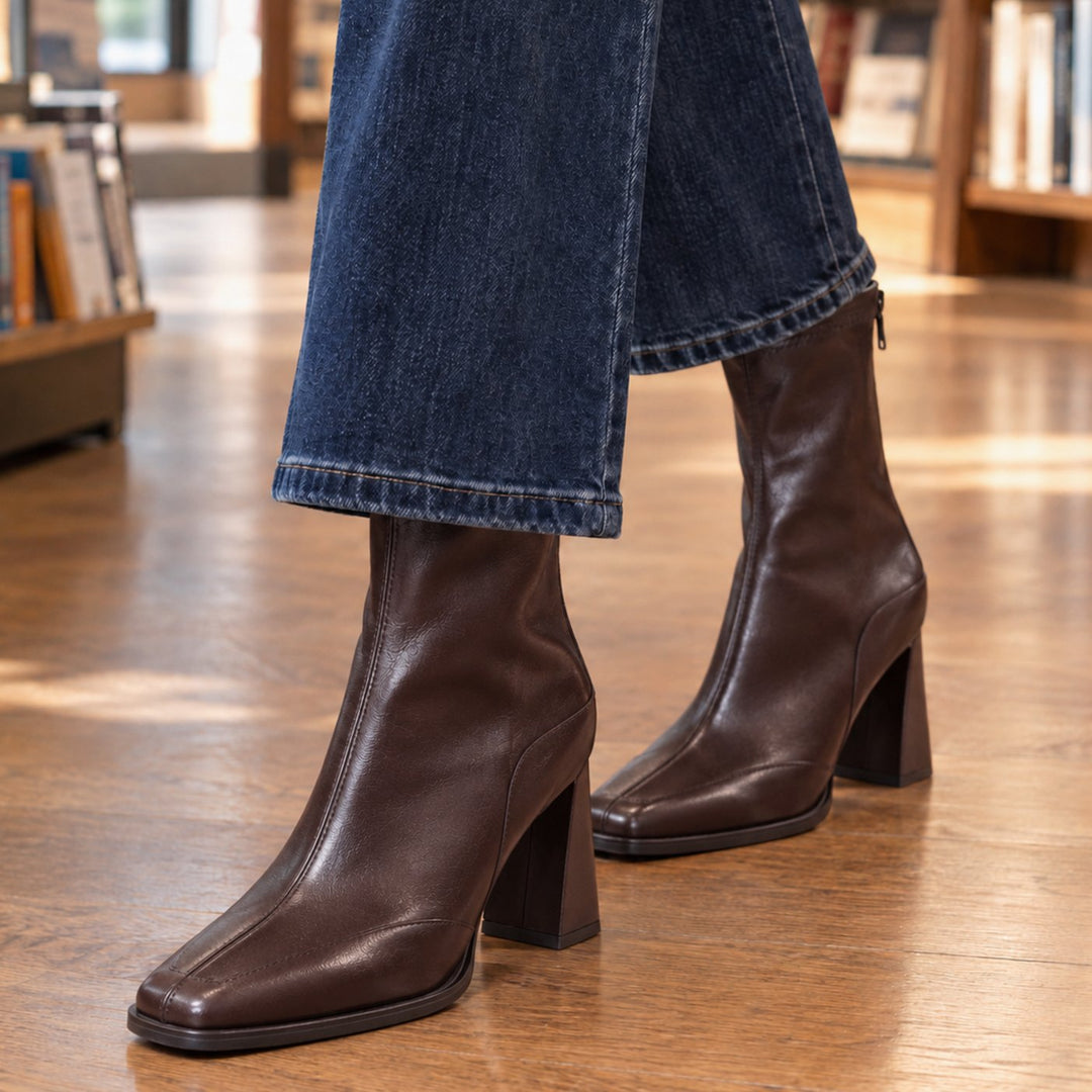 Women's Leather Square-Toe Block-Heel Ankle Boots - Brown Single Lining