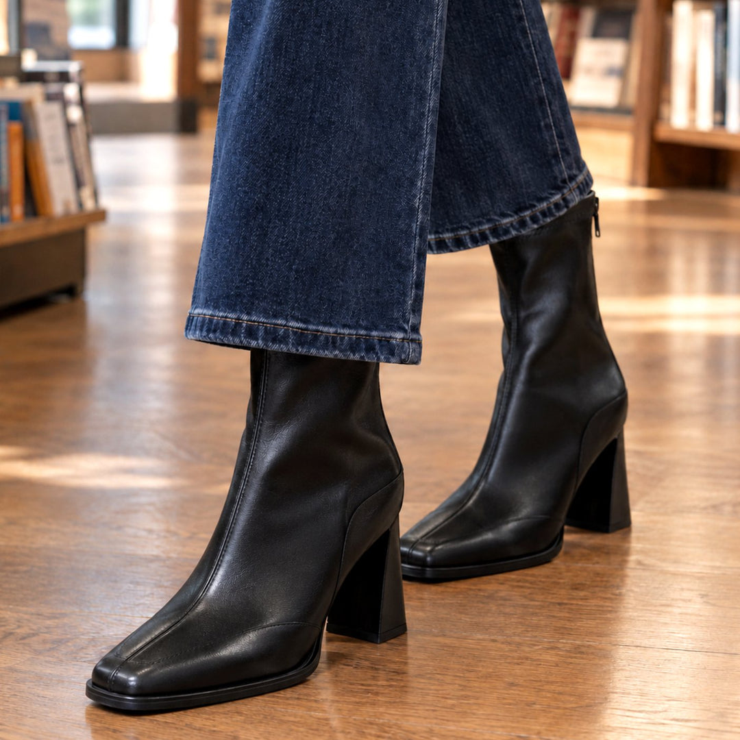 Women's Leather Square-Toe Block-Heel Ankle Boots - Black