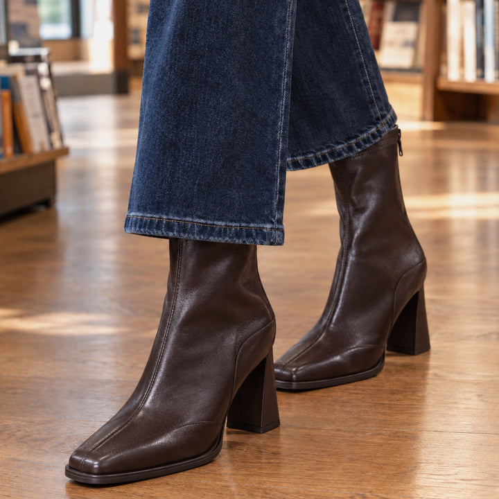Women's Leather Square-Toe Block-Heel Ankle Boots - Brown
