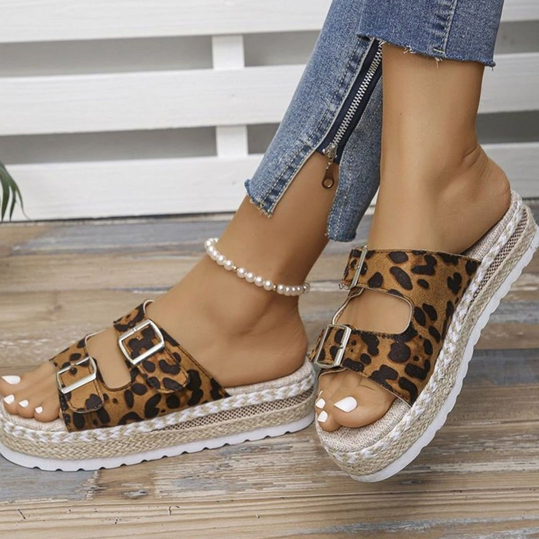 Women's Leopard Print Double-Buckle Espadrille Platform Sandals