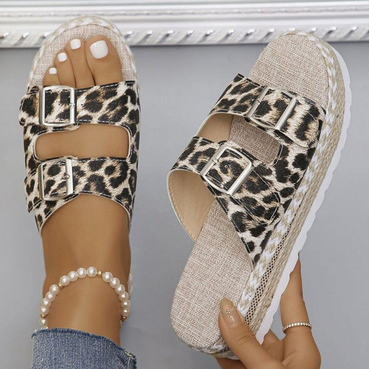 Women's Leopard Print Double-Buckle Espadrille Platform Sandals