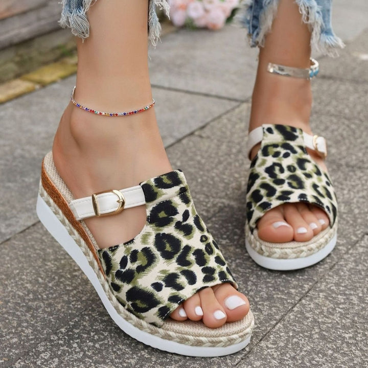 Women's Leopard Print Double-Buckle Espadrille Platform Sandals - Green