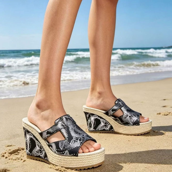 Women's Leopard Print Double-Buckle Espadrille Platform Sandals - Black